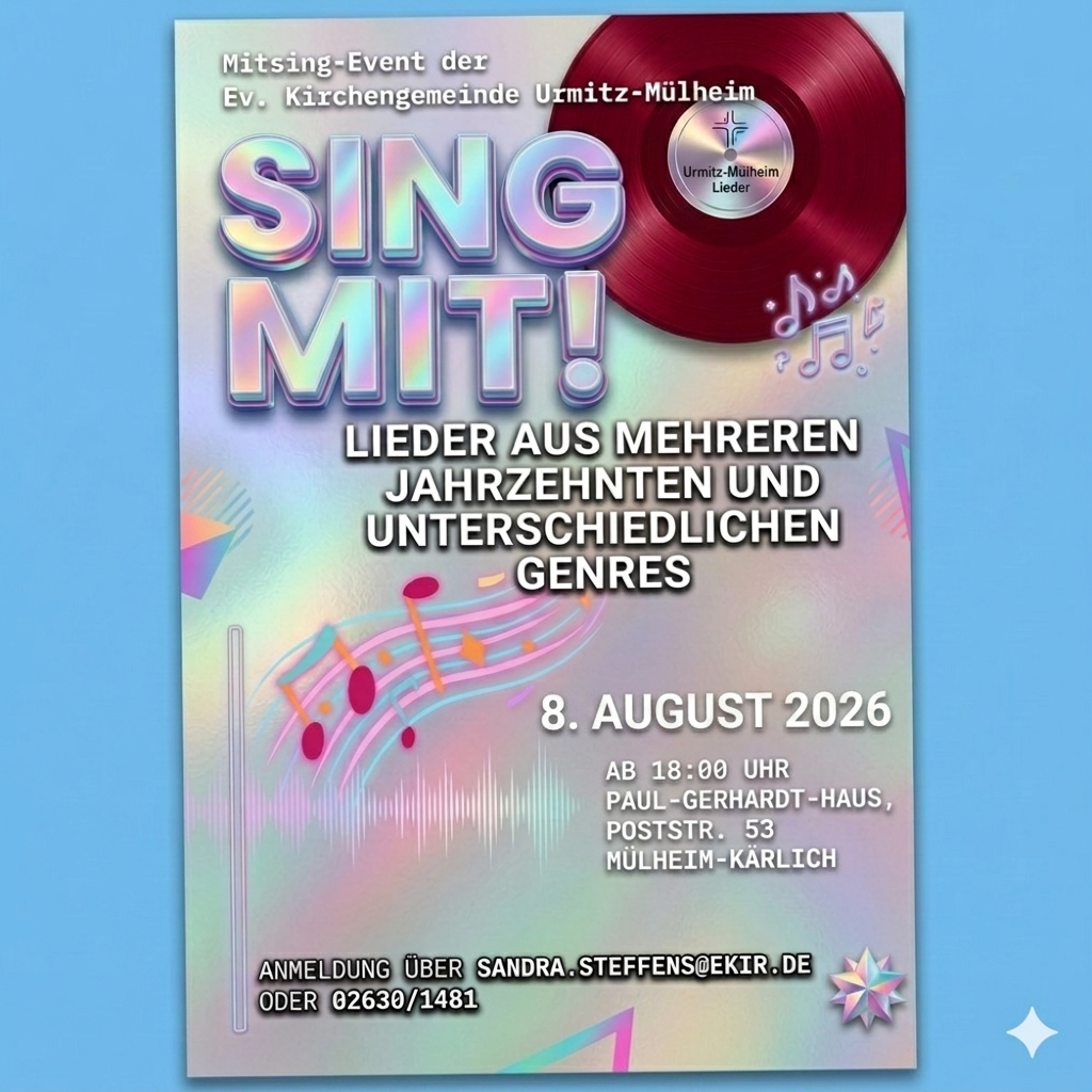 Plakat Sing mit! Mitsing-Event der Ev. Kirchengemeinde Urmitz-Mülheim